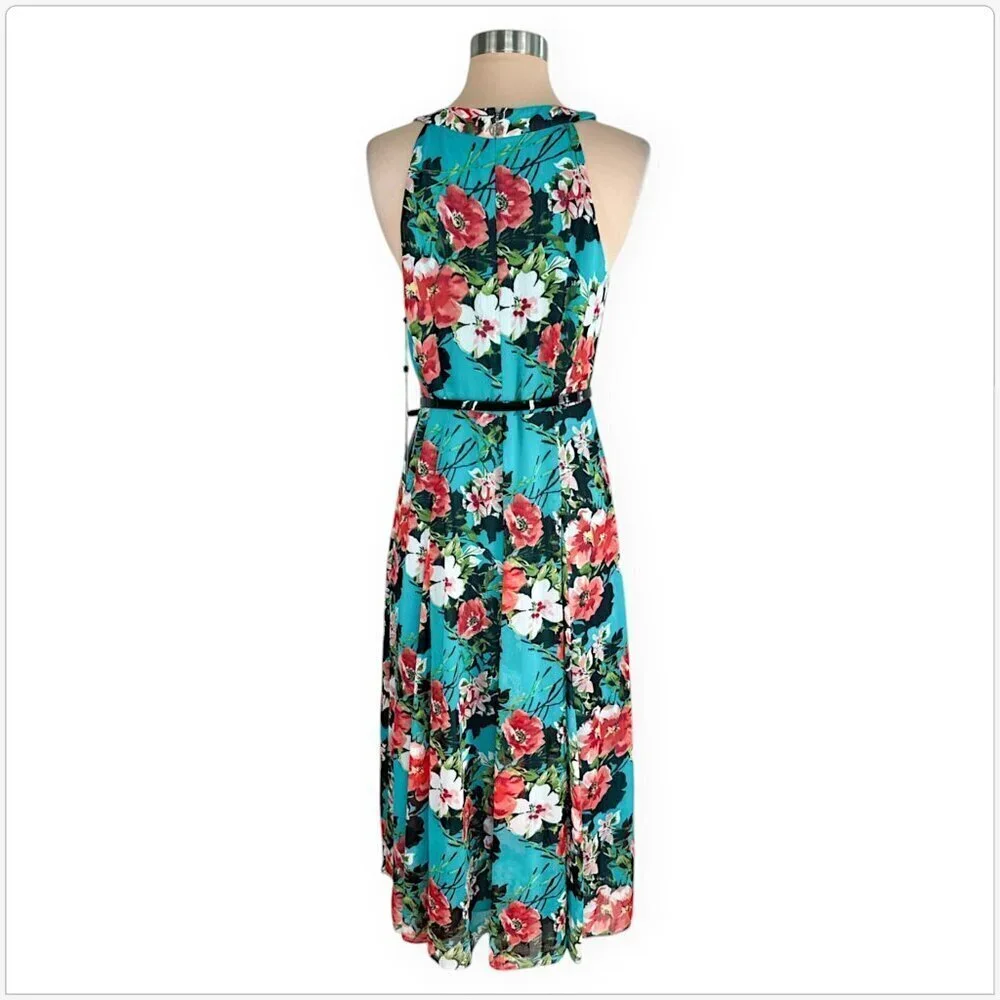 Tommy Hilfiger Teal Floral Printed Halter Patent Belted Midi Dress New NWT 6